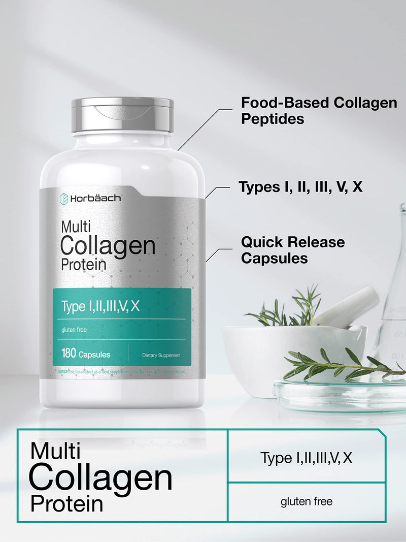 [Australia] - Horbäach Multi Collagen Protein 2000 mg | 180 Capsules | Type I, II, III, V, X | Keto & Paleo Friendly, Gluten Free Supplement 180 Count (Pack of 1) 