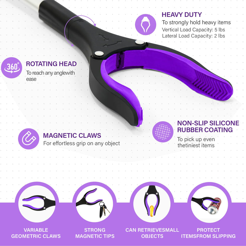 [Australia] - 2 Pack 32 inch FDA Registered GrabRunner Heavy Duty(up to 10 lbs) Reacher Grabber Tool with Strong Magnetic (New Purple) Purple(pack of 2) 