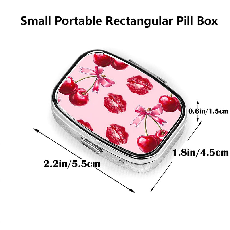 ABLESKY Pill Box, 2 Compartment Pill Organizer Case for Pocket or Purse, Small Portable Metal Travel Medicine Box with Mirror, Daily Vitamins Fish Oil Container-Cherry Pink Bow with Red Lips Cherry Pink Bow With Red Lips