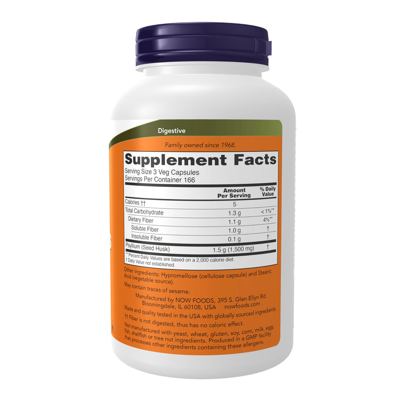 NOW Foods Supplements, Psyllium Husk Caps 500 mg, Non-GMO Project Verified, Natural Soluble Fiber, Intestinal Health*, 500 Veg Capsules 500 Count (Pack of 1)