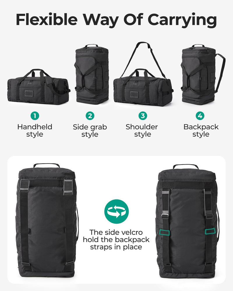 BAGSAMRT 60L Foldable Duffle Bag for Travel, Large Travel Duffel Bag for Men, 4 in 1 Travel Backpack, Carry on Weekender Bag, Black