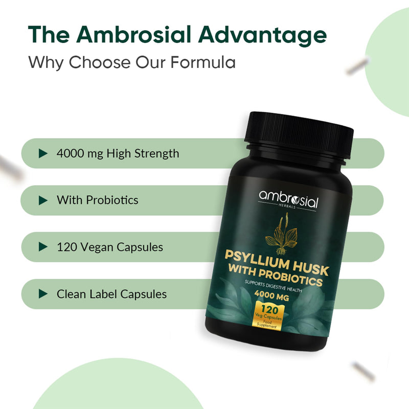 Ambrosial Psyllium Husk 4000 mg with Probiotics – 2-in-1 Plant-Based Fiber & Probiotic Complex – Natural Daily Fiber Source with Lactobacillus Acidophilus – 120 Vegan Capsules – Non-GMO, Gluten-Free