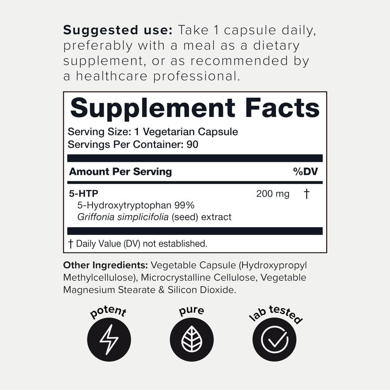 [Australia] - Toniiq Ultra High Strength 5HTP Capsules - 99%+ Highly Purified and Bioavailable - 12:1 Concentrated Extract - 200mg - 90 Veggie Capsules 