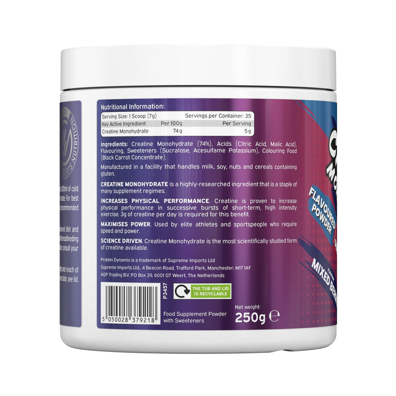 Protein Dynamix - Creatine Monohydrate Powder • Mixed Berry Flavour • 250g Tub (38 Servings) • Vegan & Gluten Free • Micronised Creatine Supplement for Muscle Strength, Power, Performance & Recovery 250 g (Pack of 1)