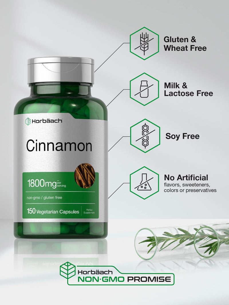 Horbaach Cinnamon Capsules 1800mg | 150 Count | Ceylon Cinnamon Supplement | Vegetarian, Non-GMO, Gluten Free