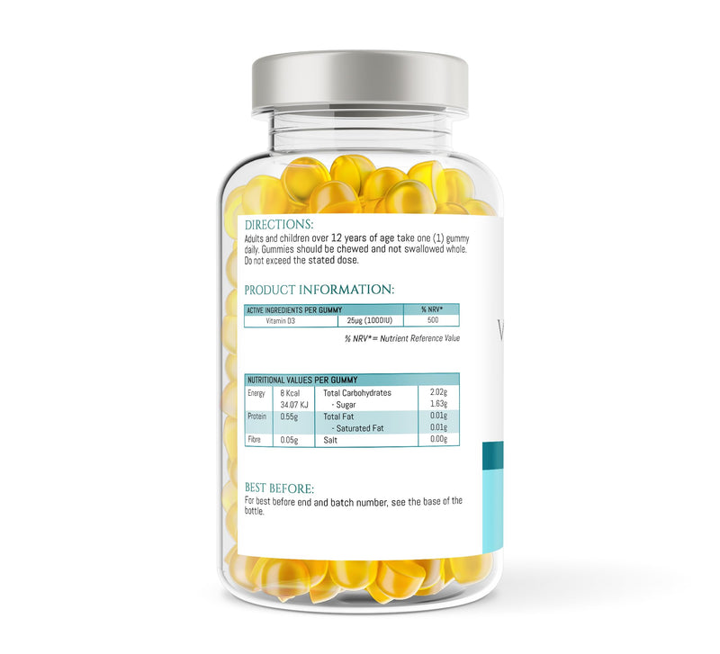 Vitamin D3 1000iu / 25μg - 12+ Years 150 x High Strength Lemon Flavour Gummies - 5 Months Supply - Vitamin D Supplement Teeth, Bone, Muscles & Immune System Support