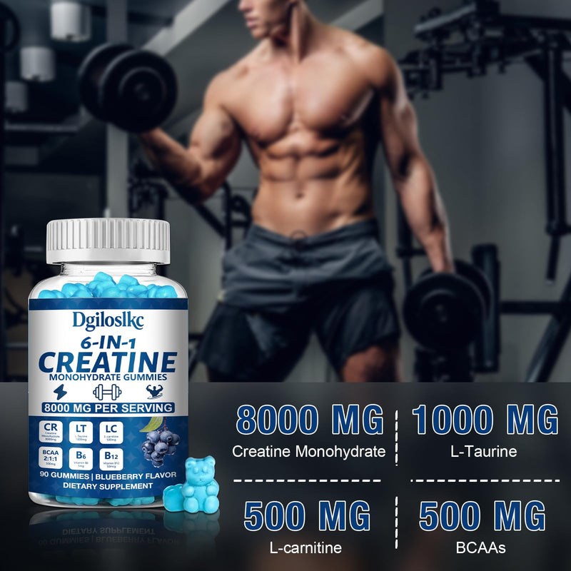 1 Pack 8000MG Creatine Monohydrate Gummies with 500mg BCAAs for Men & Women, L-Taurine, Vitamin B6 12, Workout Gym Support for Performance and Muscle Power, Powder Tablets Blueberry, 90ct