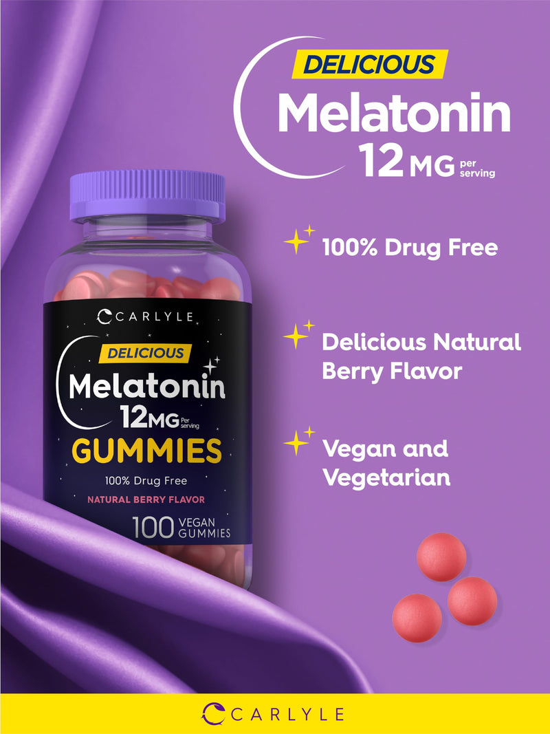 Carlyle Melatonin Gummies 12mg | 100 Count | Berry Flavor | Vegan Supplement | Non-GMO, Gluten Free