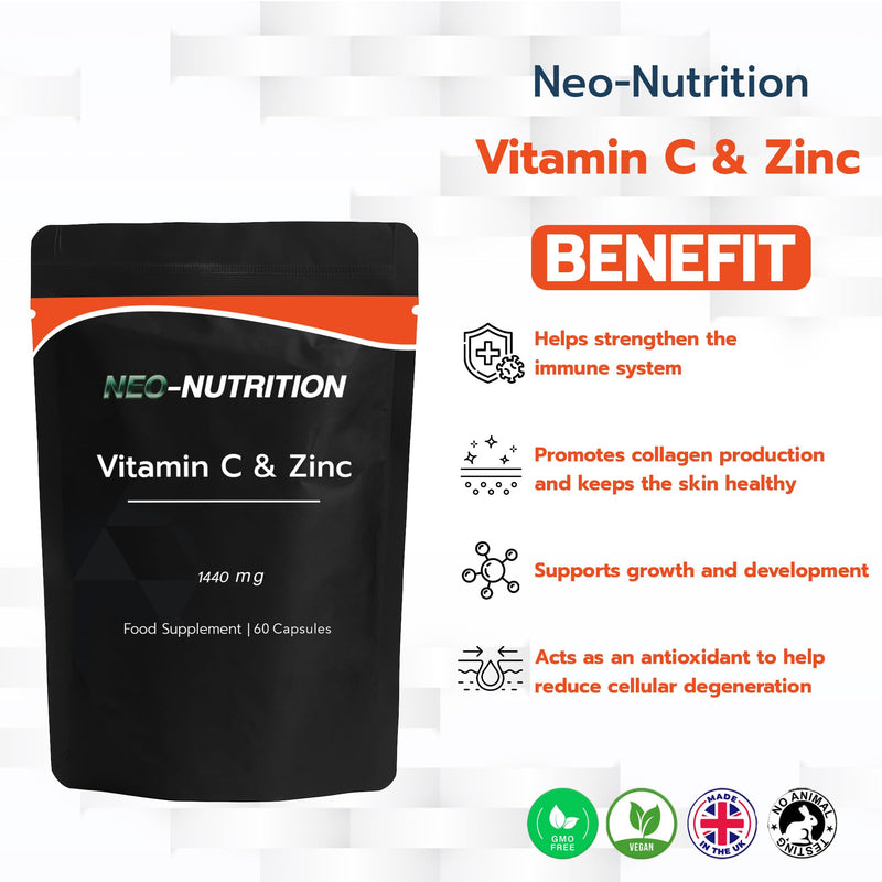 Vitamin C 1400mg Zinc 40mg - 60 Capsules - High Strength Immune Support – 1 Month Supply - Resealable Pouch – Neo Nutrition