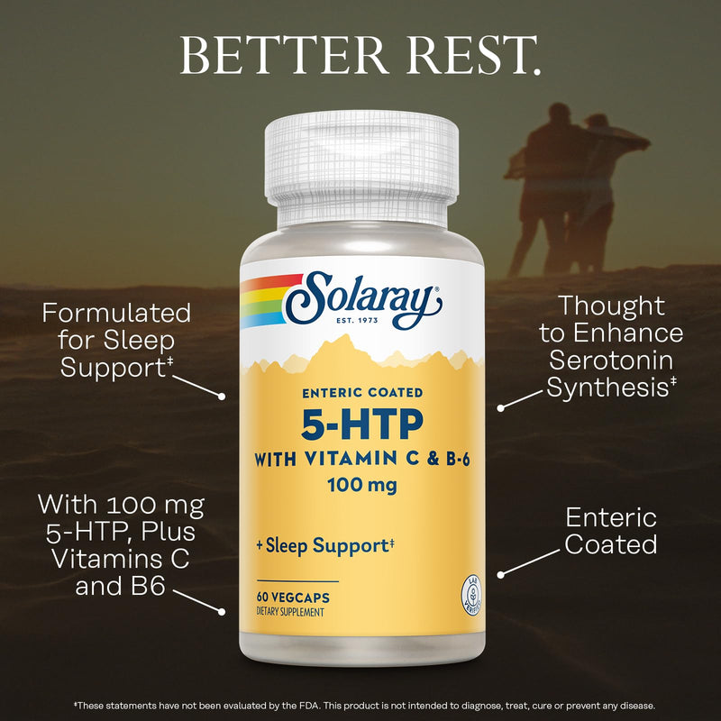 SOLARAY 5 HTP Supplement with Vitamin C & B-6 - Sleep Supplement and Serotonin Synthesis Support - Lab Verified - 60 Servings, 60 Enteric Coated VegCaps Unflavoured 60 Count (Pack of 1)