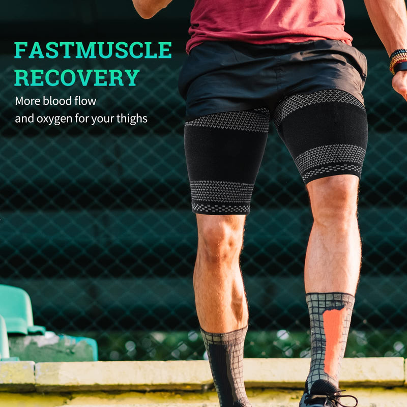 [Australia] - ABYON Thigh Brace for Men and Women Pack of 2, Thigh Compression Breathable Non-Slip for Hamstring, Quad, Groin Pain, Torn Muscle Fiber, Cramps L Black 