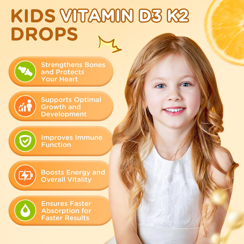 Vitamin D3 K2 Drops for Kids Liquid Supplement with Calcium, Omega 3, Zinc, Vitamin D3 K2 for Calcium Absorption Healthy Bones, Brain Development & Immune System, Non-GMO, Vegan, Orange Flavor 2 Fl Oz 2 Fl Oz (Pack of 1)