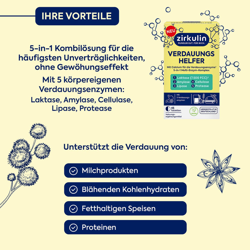 [Australia] - Zirkulin digestive aid 1x 45 tablets - 5 in 1 multi-enzyme complex with 7,500 FCC lactase - supports digestion & carefree enjoyment - dietary supplement with lactase, cellulase & calcium 45 pieces (pack of 1) 