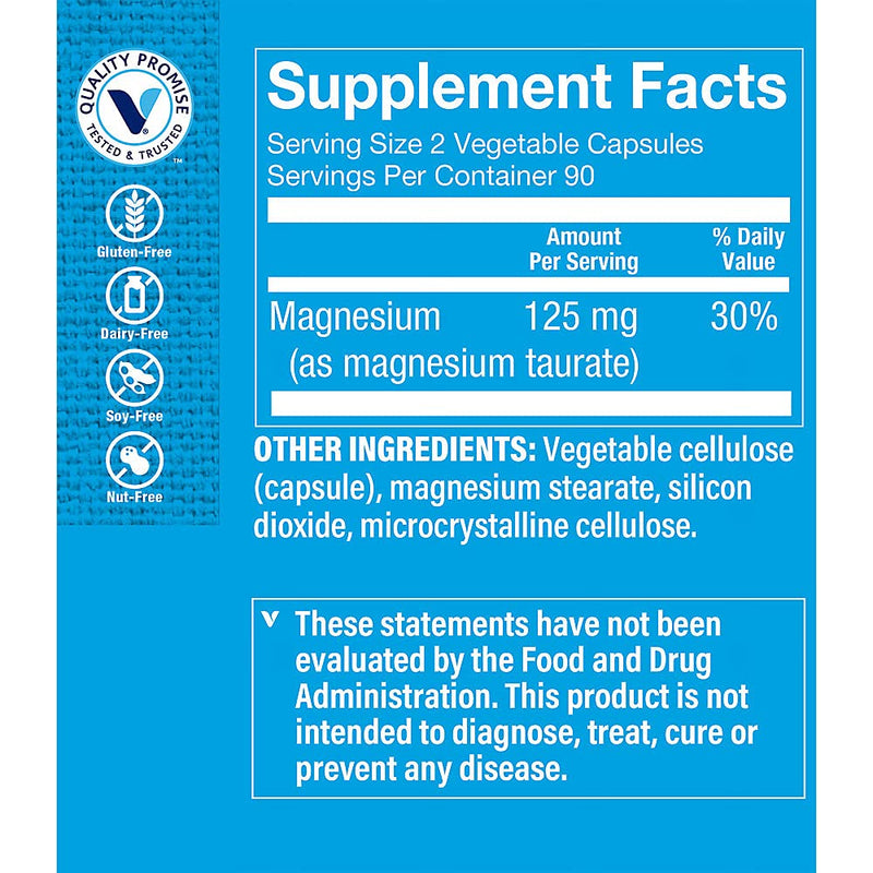 The Vitamin Shoppe Brand Magnesium Taurate, Heart & Muscle Support, 180 Ct | 125 MG Per Serving, Combined With Taurine, Vegetable Capsules, 90-Day Supply, Dairy, Soy, Nut & Gluten Free