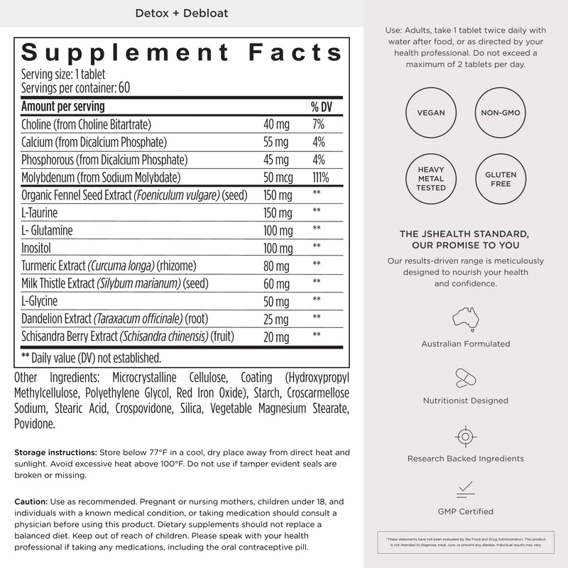 JSHealth Detox + Debloat. Bloating Relief for Women, 60 Tablets | Nutrionist-Formulated, Made with Milk Thistle, Turmeric, and Fennel. Liver Health and Gut Support. 60 Count (Pack of 1)