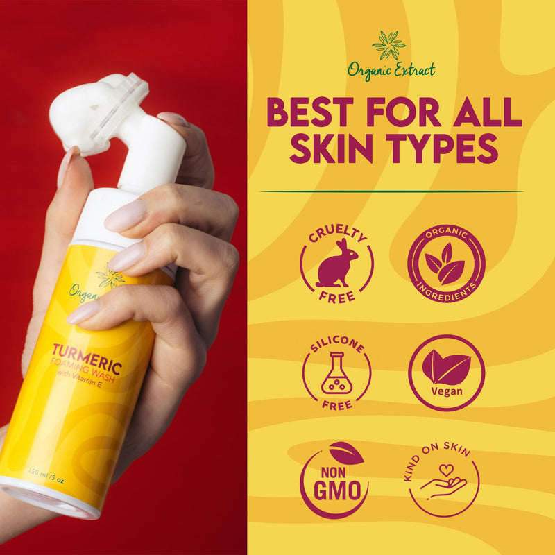 Turmeric Skin Brightening Face Wash – 5 fl oz / 150ml – Daily Moisturizer, Gentle Facial Cleanser for All Skins with Kojic Acid, Vitamin E, and Aloe Vera