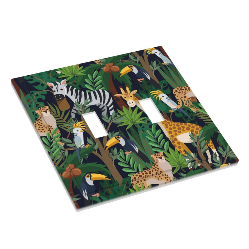 [Australia] - Cartoon Animal Zebra Leopard Giraffe Bird Leaf Double Toggle Nursery Light Switch Covers Decorative 2 Gang Wall Plate Dual Electrical Faceplate Switchplate for Kidroom Living Room Decor 2-Gang Toggle / 5 x 4.9 IN 