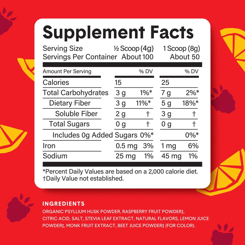 [Australia] - Bellway Super Fiber Powder + Fruit, Sugar Free Organic Psyllium Husk Powder Fiber Supplement for Regularity, Bloating Relief & Digestive Health, Plant-Based, Raspberry Lemon (50 Servings) 