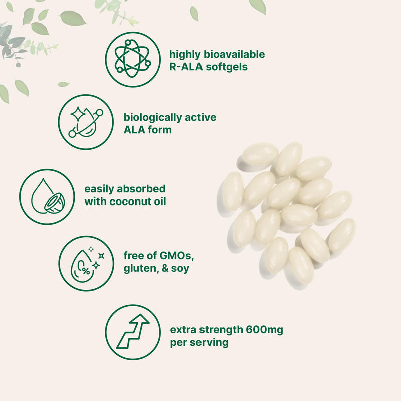 [Australia] - R Alpha Lipoic Acid 600mg with Coconut Oil, 120 Softgels | Highly Bioavailable Active Form | ALA Supplement for Antioxidants, Nerve, Heart, & Liver Support | Non-GMO, Gluten Free, No Soy 