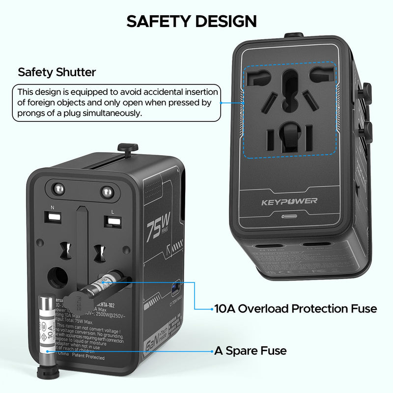 Universal Travel Adapter 75W GaN, International Power Adapter | All in One Travel Plug Adapter with 3 USB C, 1 USB A, Worldwide Outlet Wall Charger Converter for EU US UK AU 200+ Countries.
