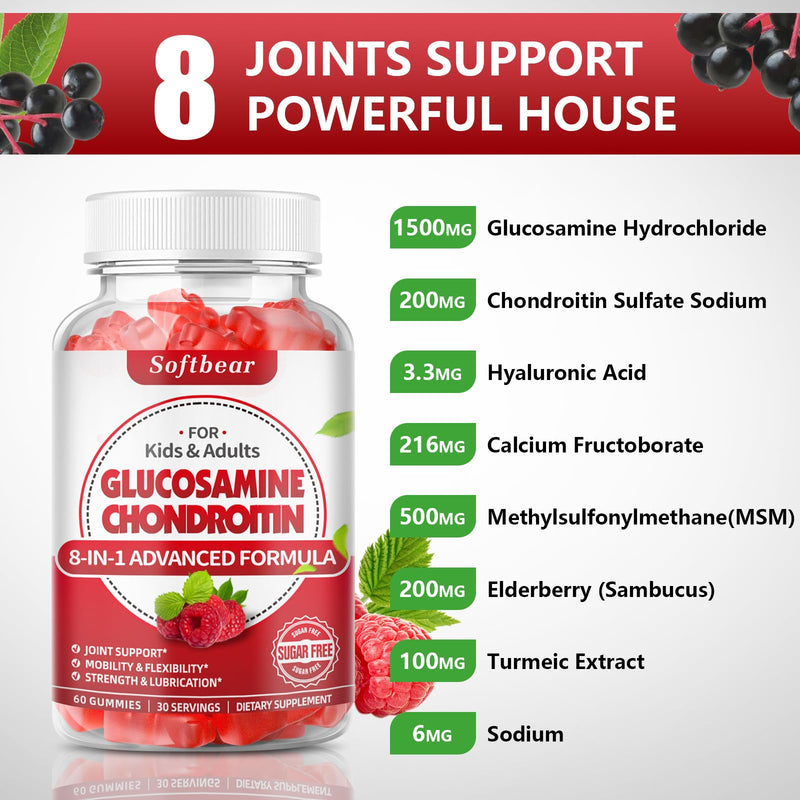 [Australia] - Glucosamine Chondroitin Gummies Sugar Free, Extra Strength Glucosamine Chondroitin Supplement for Natural Joint Support, Raspberry Flavored 60 Count 60 Count (Pack of 1) 