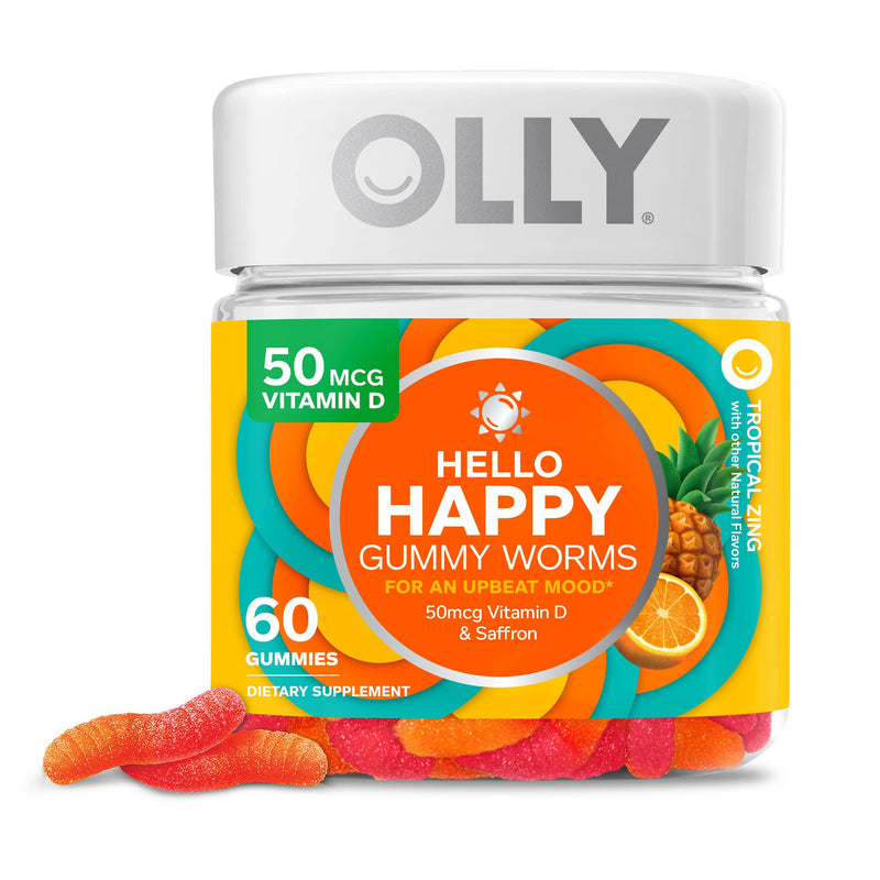 OLLY Metabolism Gummy Rings, Apple Cider Vinegar, Vitamin B12, Chromium, Energy and Digestive Health, Chewable Supplement, Apple Flavor - 30 Count and OLLY Hello Happy Gummy Worms, Mood Balance Support, Vitamin D, Saffron, Adult Chewable Supplement, Tr...