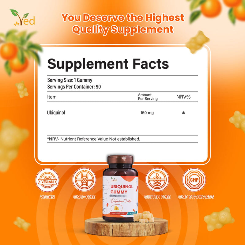 Ved Ubiquinol Gummy | Active Form coq10 | High Absorption/Enhanced bioactivity | 150 mg per Serving, 90 Gummy per Bottle (Pack of 2)