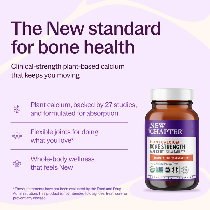 New Chapter Bone Strength Take Care Supplement, 180 Slim Tablets | Clinically Studied Plant Calcium from Red Marine Algae for Bone and Heart Health, Vegan, Organic and Gluten Free 180 Count (Pack of 1)