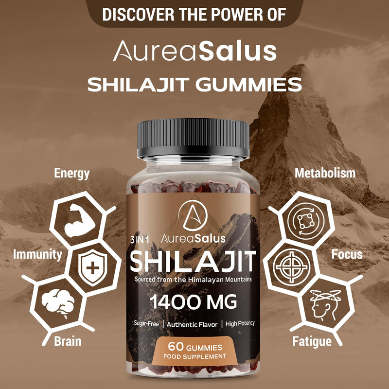 Shilajit Gummies 1400mg, Shilajit Supplement with Chaga and Ashwagandha, Original from Himalayan with Fulvic & Humic Acid and 85+ Minerals, for Energy, Immunity & Focus, Sugar-Free, 120 Gummies 60 count (Pack of 2)