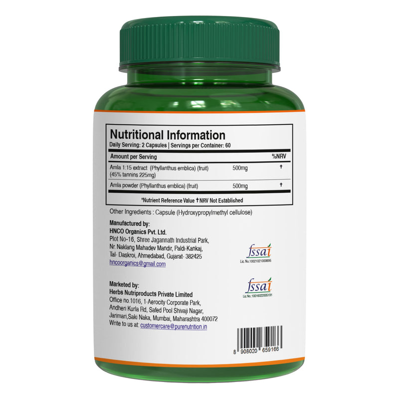 Pure Nutrition Amla Capsules (Indian Gooseberry) 1000 mg per Serving | 120 Veg Capsules | Amla Fruit Extract 500 mg + Powder 500 mg | Standardized Extract | Non-GMO Herbal Supplement 120 count (Pack of 1)