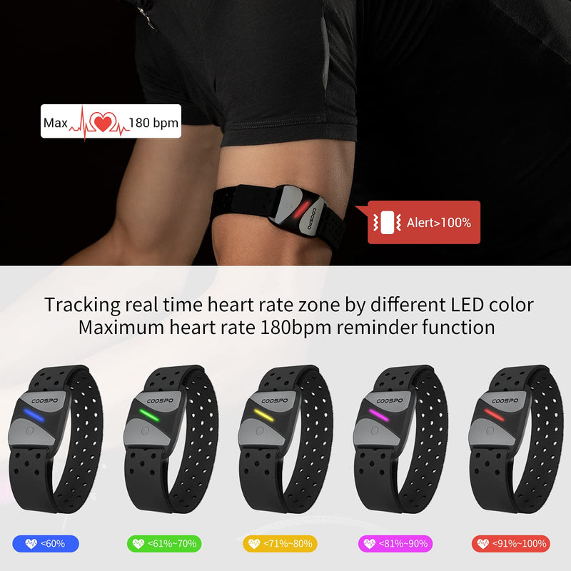[Australia] - COOSPO Heart Rate Monitor Armband HW807, Bluetooth 5.0 ANT+ HRM with HR Zone LED Indicator, Tracking Heartbeat HRV for Fitness Training, Work with Peloton/Polar/Wahoo/Strava/Zwift/DDP Yoga HW807 Armband Heart Rate Monitor 