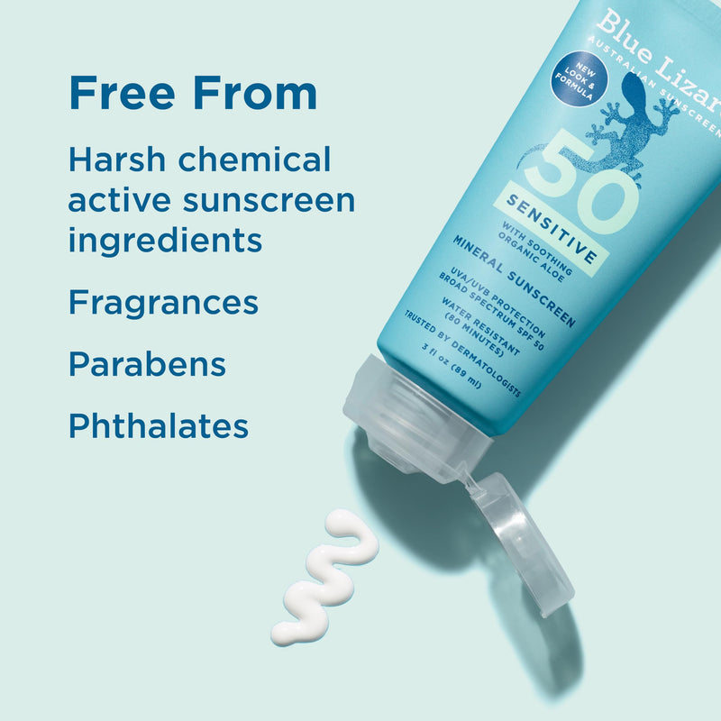 [Australia] - Blue Lizard SENSITIVE Mineral Sunscreen with Zinc Oxide, SPF 50+, Water Resistant, UVA/UVB Protection with Smart Cap Technology - Fragrance Free, 3 oz. Tube SPF 50+ 3 Fl Oz (Pack of 1) 