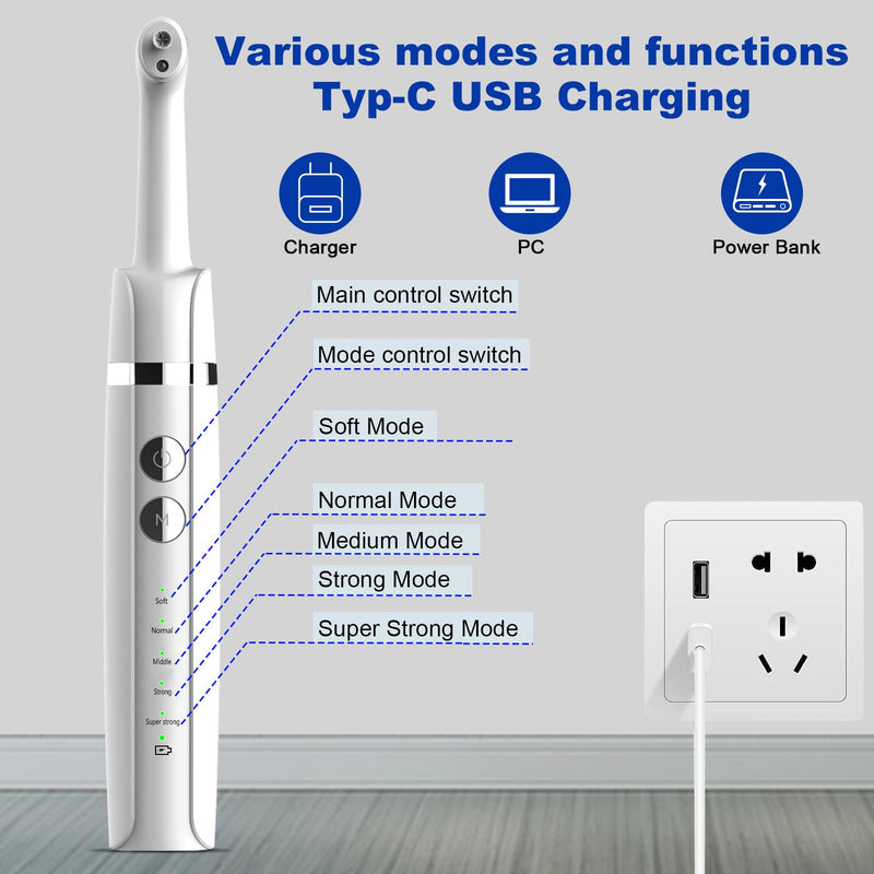 Tooth Polisher,Teeth Polishing Kit for Daily Cleaning,Polishing Then Whitening of Tooth (Professional Toothpaste Include),USB Rechargeable Dental Polisher with LED Light,6 Heads,5 Speed Modes White