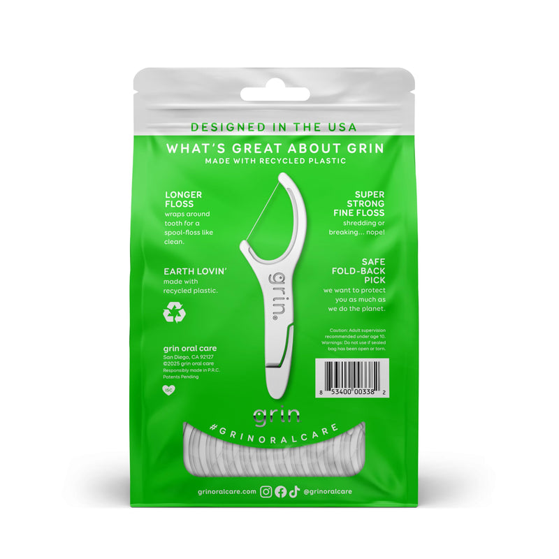 [Australia] - GRIN Clean Flosspyx, Floss Picks, 150 Count, Dental Flossers, Minty Flavor, Recycled Plastic, Super Strong Fine Floss, Tight Teeth, Premium Longer Floss Head, Includes Safe Fold-Back Tooth Pick 150 Count (Pack of 1) 