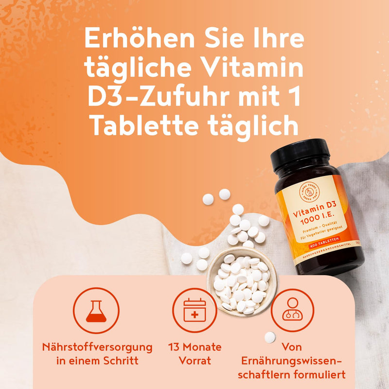 [Australia] - Vitamin D3 1000 IU - 400 tablets over 1 year supply - Vitamin D for the immune system, bones, teeth & muscles - High dosage - Vegetarian - Alpha Foods 