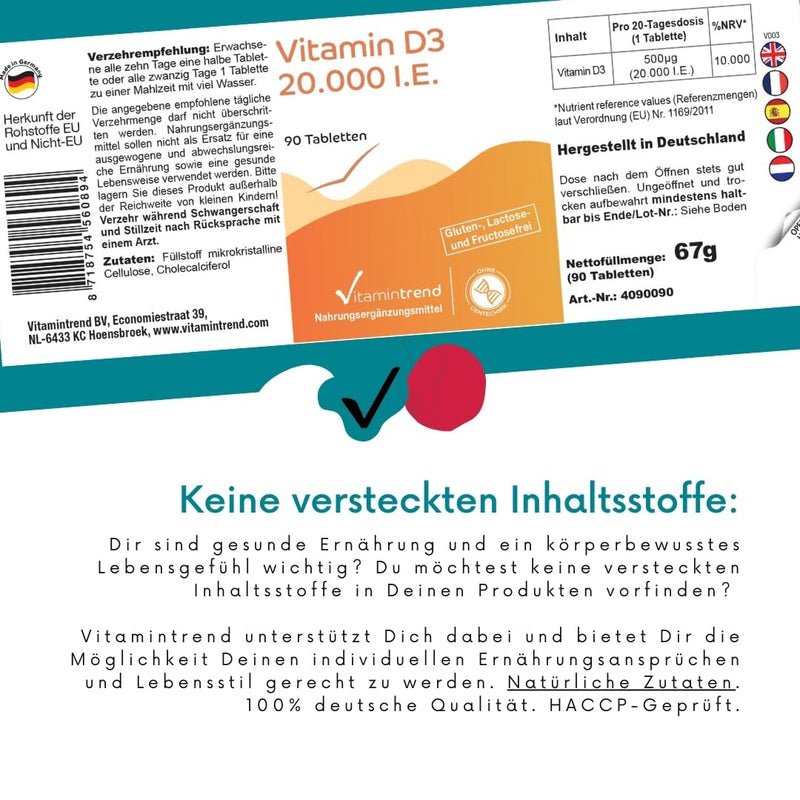 [Australia] - Vitamin D3 20000 IU - 90 tablets - only 1 tablet every 20 days - high dose - cholecalciferol | Vitamintrend® 