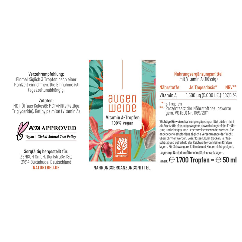 [Australia] - High-dose vitamin A drops - 5000 IU (1500 µg) per daily dose - Vegan - Liquid vitamin A - Retinol Naturtreu eye candy 1700 drops 50 ml 