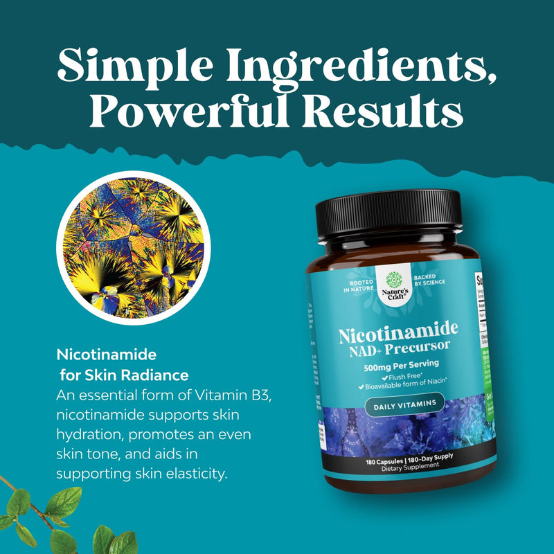 Nicotinamide 500mg Niacinamide 500mg Vitamin B3, Niacin Alternative - 180ct | Vitamin B3 as nicotinamide niacinamide supplement, 500mg per serving to support skin, cellular & metabolic health 180 Count (Pack of 1)