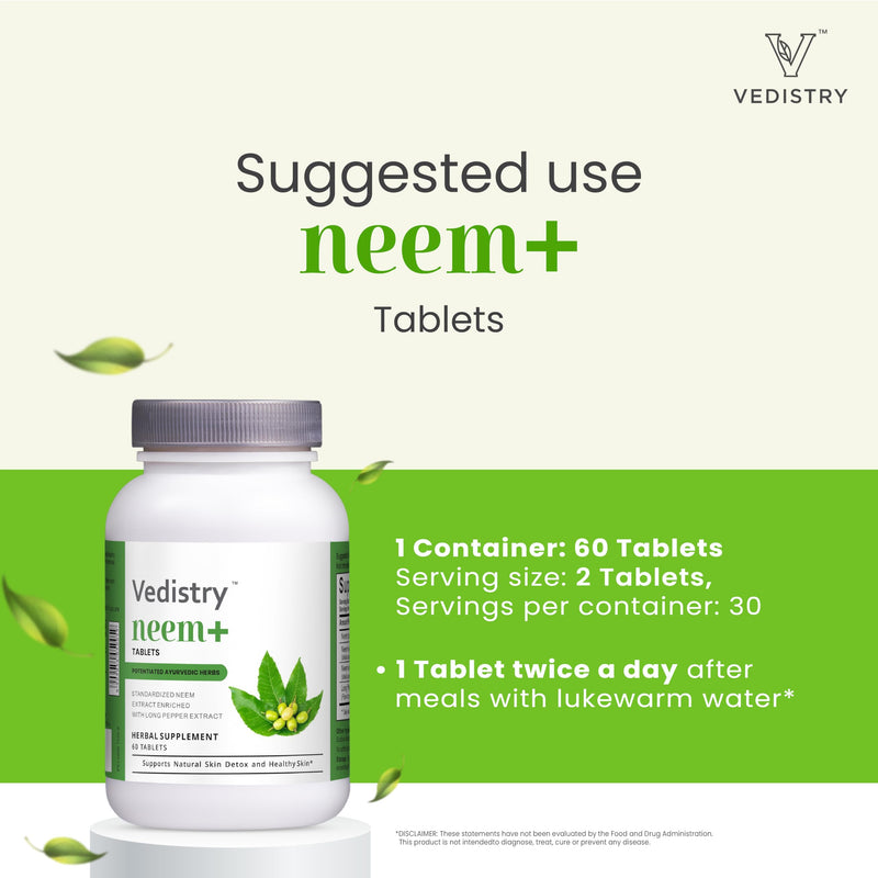 [Australia] - Neem+ Tablets 1100 mg with Neem & Long Pepper Extract - 60 Tablets - Herbal Supplements, Vegan- Pack of 1 