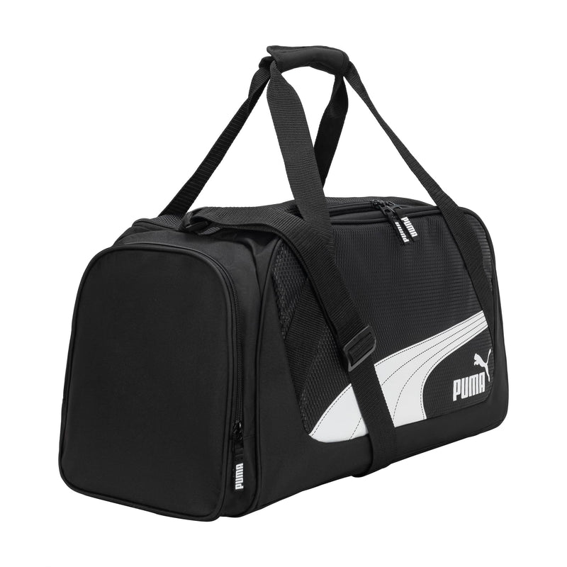 PUMA unisex-adult Form Factor Duffel with Adjustable Strap, Padded Bottom & Zip Pockets Black/White One Size