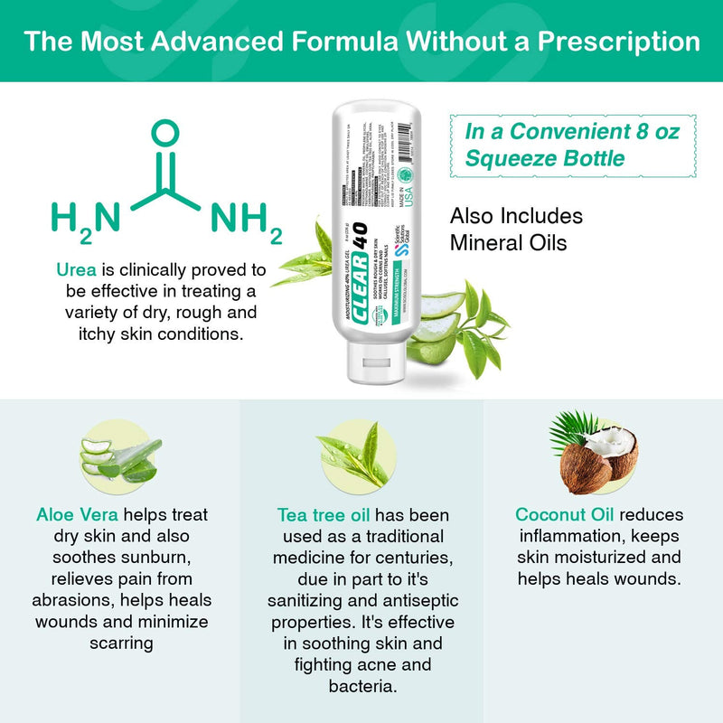 [Australia] - Clear 40, 40% Urea Gel, 8 oz w/Tea Tree & Coconut Oil, Aloe Vera Extract, Works on Calluses & Corns, Moisturizes & Softens Cracked Heels, Feet, Elbows, Hands, Nails, Superior Hydration to Urea Creams 