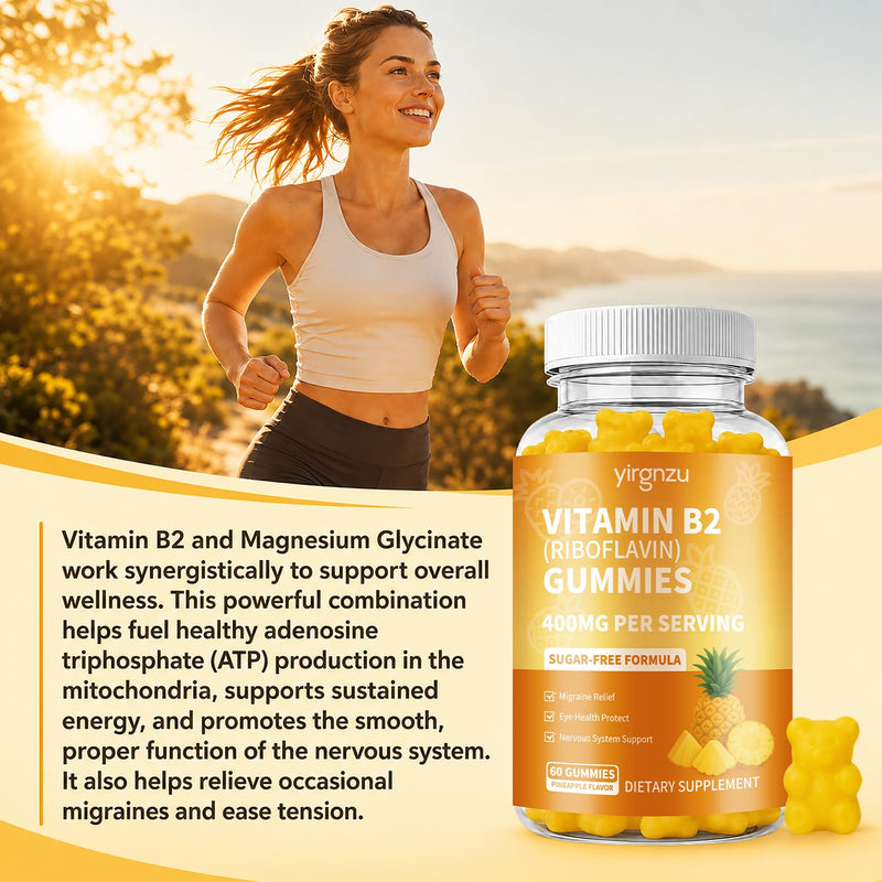 Vitamin B2 Gummies, Riboflavin 400mg Supplement | Riboflavin with Magnesium for Adults, B2 Gummies for Migraine Relief* & Nervous System Support*, Vegan - 60 Counts 60 Count (Pack of 1)