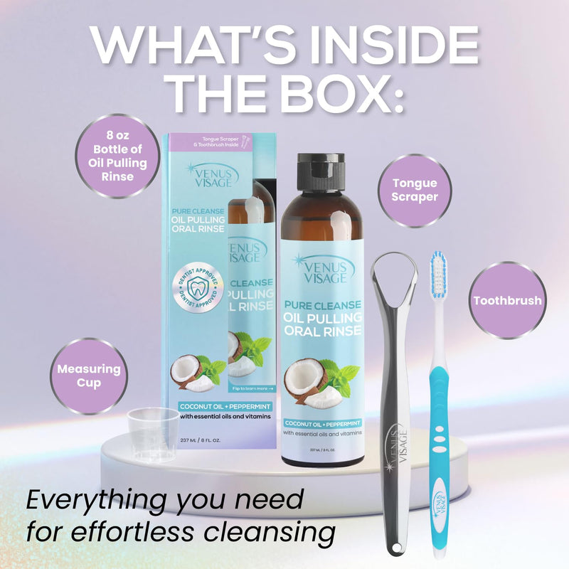 Venus Visage Coconut Oil Pulling for Teeth with Tongue Scraper, 8 fl oz - Peppermint & Coconut Pulling Oil for Teeth and Gums - Alcohol-Free Oil Pulling Oral Rinse