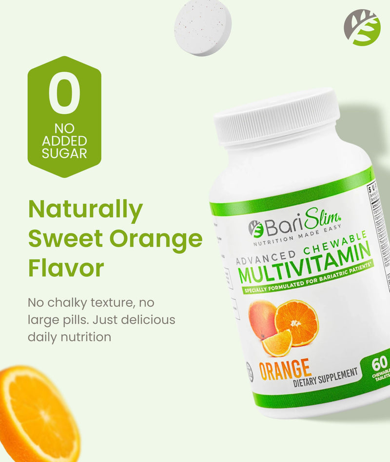 BariSlim Advanced Chewable Bariatric Multivitamin Tablets - Bariatric Vitamin and Supplement for Post Bariatric Surgery Including Gastric Bypass and Gastric Sleeve | Orange (60 Count)