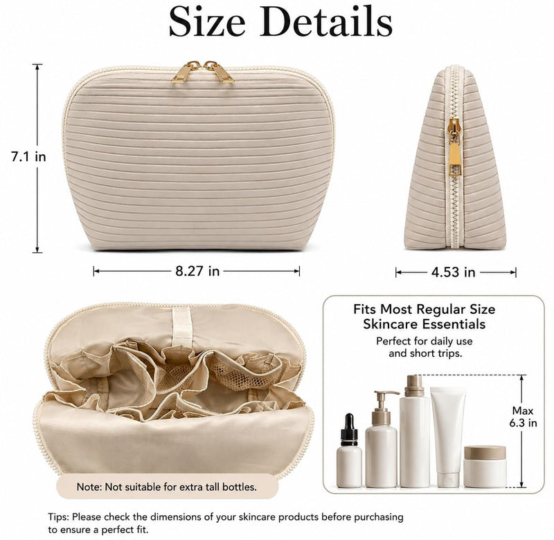 Waterproof Fold-Down Travel Makeup Bag for Women, Cosmetic Organizer with Multi-pocket, Stand Toiletry Bag (Basic Version, Cream Beige, Medium)