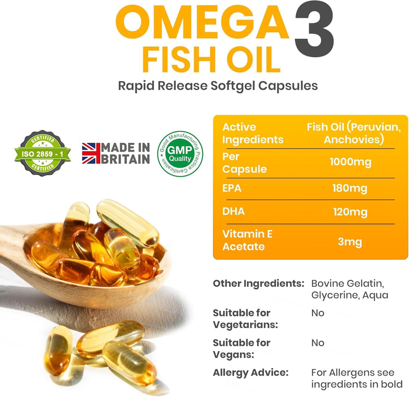 Omega 3 Fish Oil 1000mg, 30 Softgels (1 Month Supply), Double Strength 180mg EPA and 120mg DHA, Supports Eye, Heart & Brain Health for Men & Women - UK Made