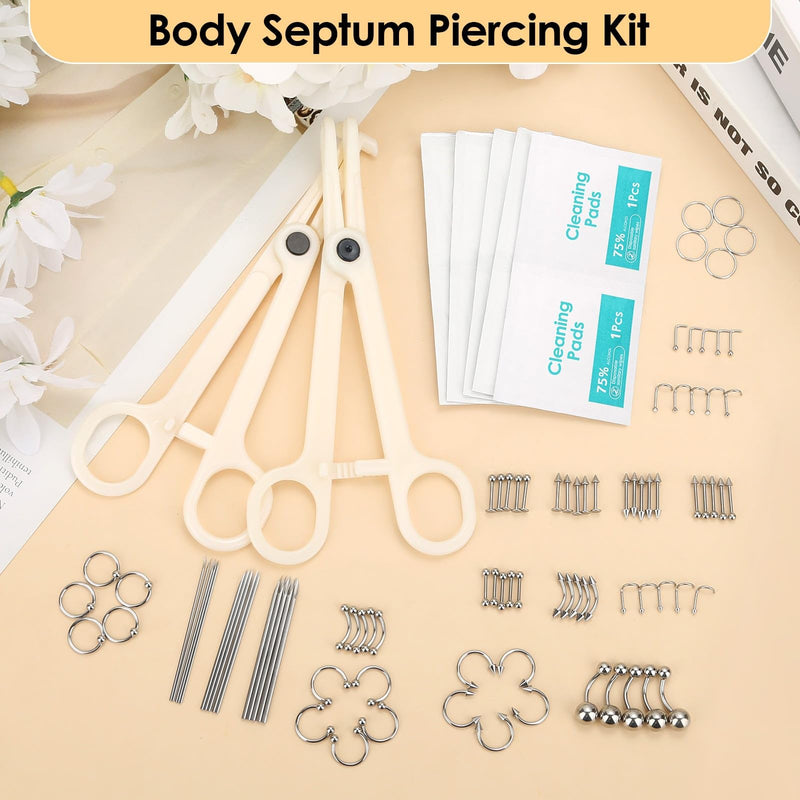 [Australia] - 104PCS Body Septum Piercing Kit with 14G/16G/20G Piercing Needles Piercing Jewelry and Tool Set for Ear Nose Belly Button Nipple Lip Cartilage Eyebrow Tongue Navel Piercing Kit for All Piercings Silver 