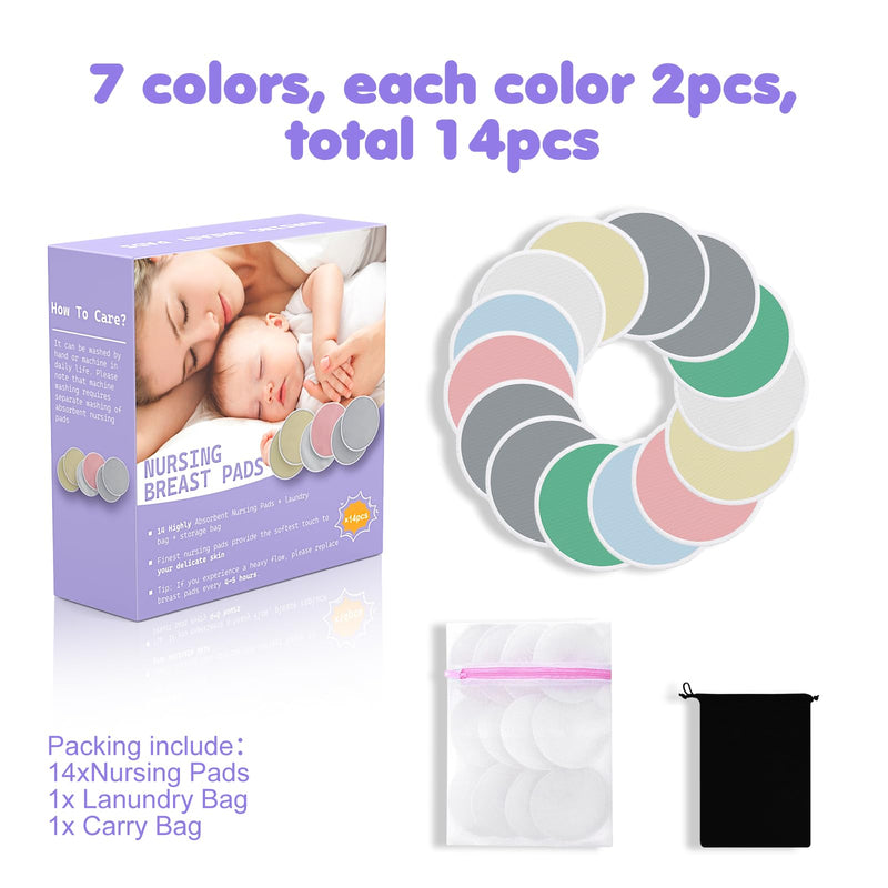 [Australia] - Nursing Pads 14PCS Reusable Breast Pads for Breastfeeding, Maternity Breastfeeding Pads With Wash Bag & Carry Bag, 4.7Inch Washable Organic Breastfeeding Pads,Nipple Pads for Breastfeeding Essentials Multicolor 
