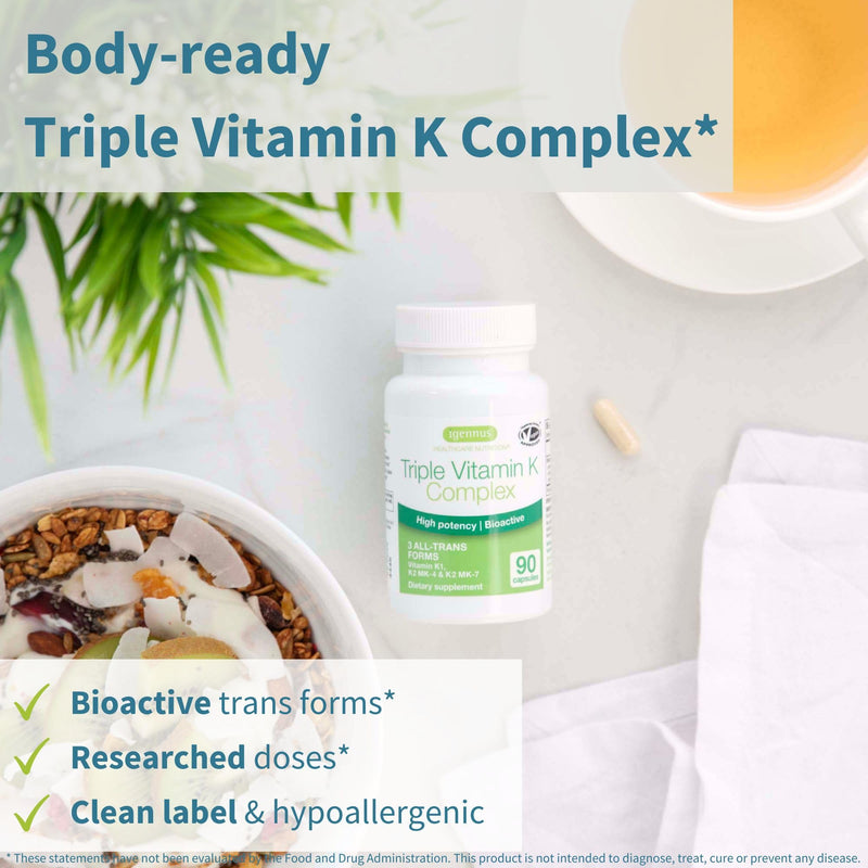 [Australia] - Igennus High Strength Triple Vitamin K Complex 2700 mcg, K1 & K2 (MK-4 & MK-7), Clean Label, Advanced Bioactive Forms, Bone & Cardiovascular Support, Vegan, 90 Fast Action Capsules 