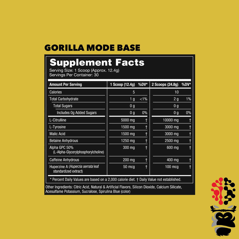 [Australia] - Gorilla Mode Base Pre Workout - Raises Nitric Oxide · Intense Focus & Drive · Endurance · Power - L-Citrulline, L-Tyrosine, Betaine, Alpha-GPC, Caffeine, Huperzine A - 360 Grams (Watermelon) Watermelon 